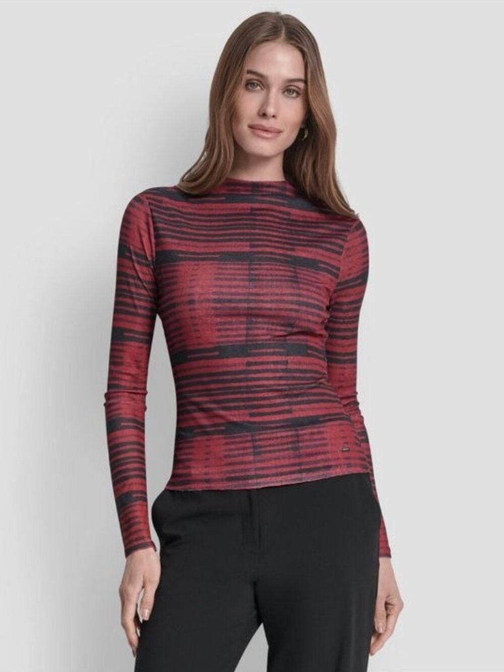 $59 DKNY Women's Long Sleeve Fitted Funnel Neck Tissue Mesh Top Size L